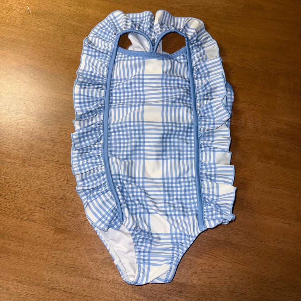 SweetHoney Girls Blue White Plaid Ruffle One Piece Swimsuit 3T